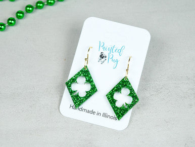 St. Patrick's Day Clover Earrings – Green Glitter Acrylic Dangles