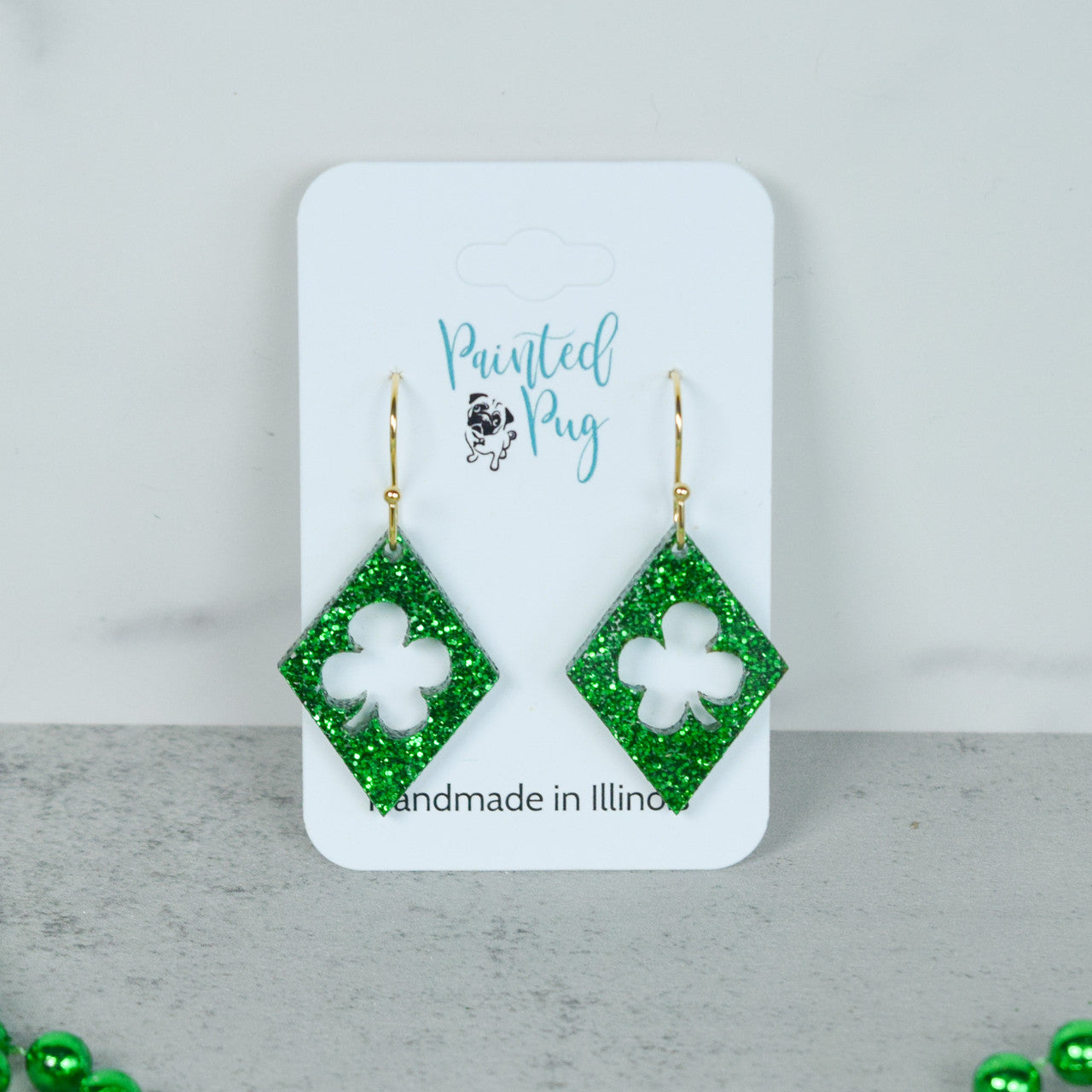 St. Patrick's Day Clover Earrings – Green Glitter Acrylic Dangles