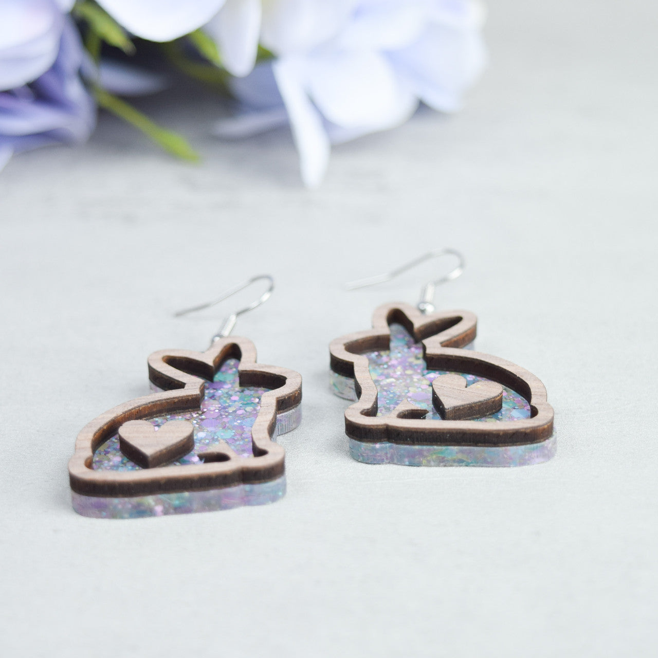 Easter Earrings for Women Purple Glitter Acrylic with Walnut Wood