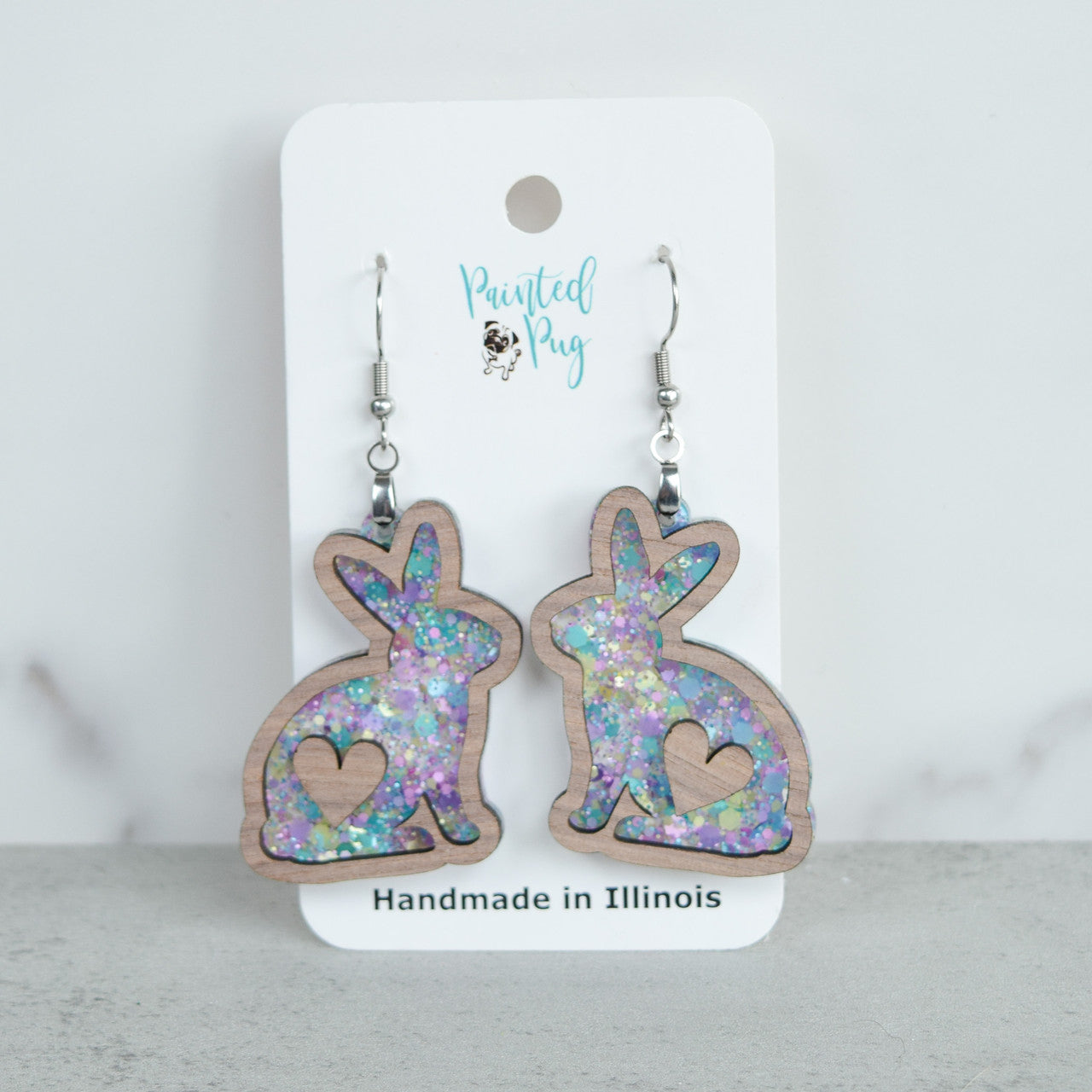 Easter Earrings for Women Purple Glitter Acrylic with Walnut Wood