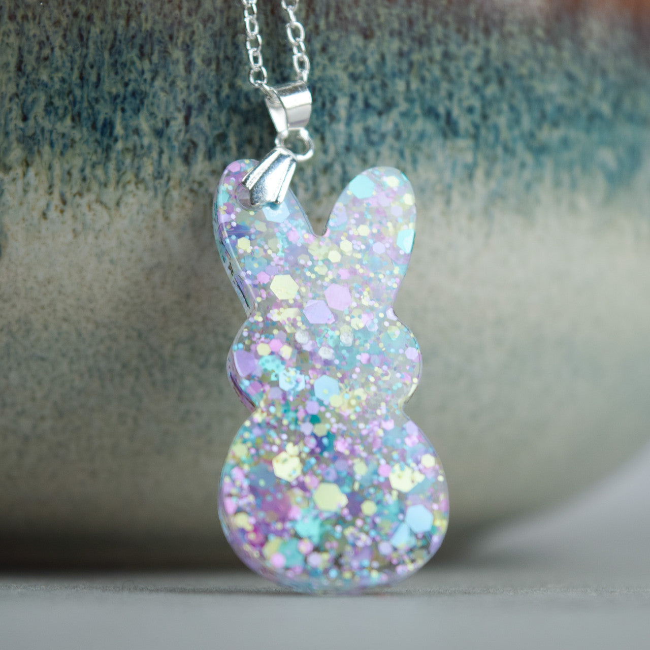 Easter Bunny Necklace, Purple Glitter Acrylic Bunny