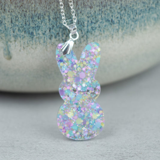Easter Bunny  Necklace, Purple Glitter Acrylic Bunny