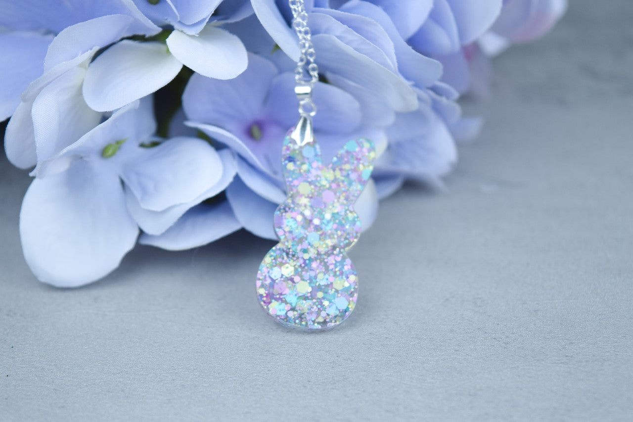 Easter Bunny Necklace, Purple Glitter Acrylic Bunny