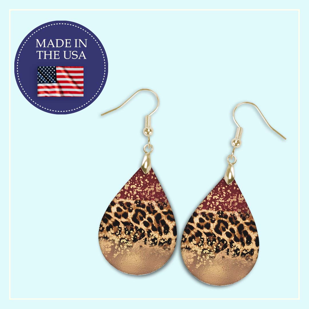 Red Gold Leopard Teardrop Earrings – Handmade Statement Earrings in Two Sizes