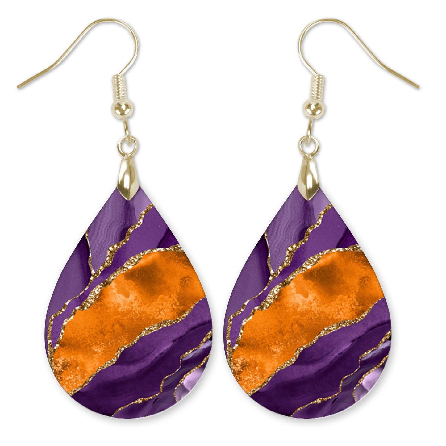 Purple & Orange Teardrop Earrings – Handmade Statement Jewelry with Gold Accents