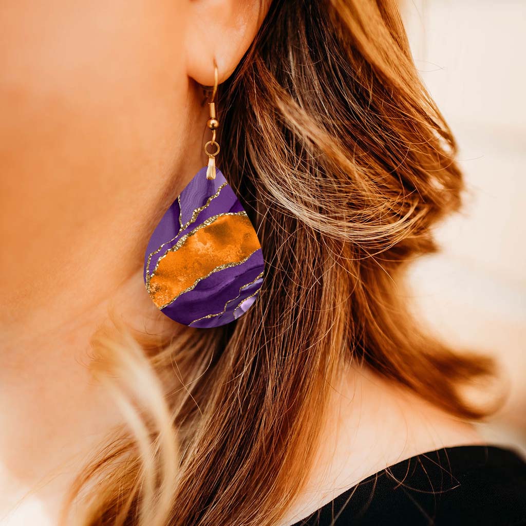 Purple & Orange Teardrop Earrings – Handmade Statement Jewelry with Gold Accents