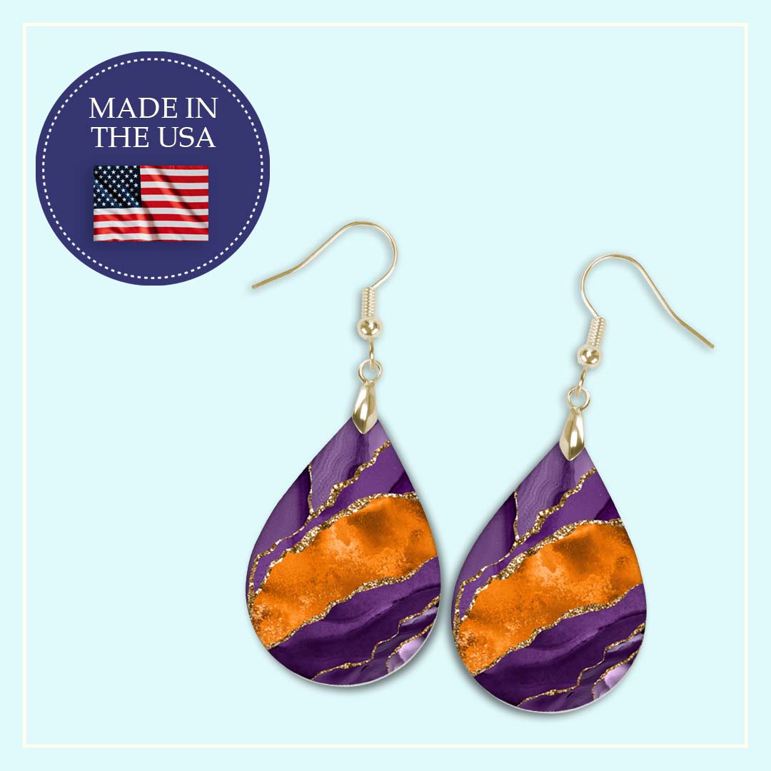 Purple & Orange Teardrop Earrings – Handmade Statement Jewelry with Gold Accents