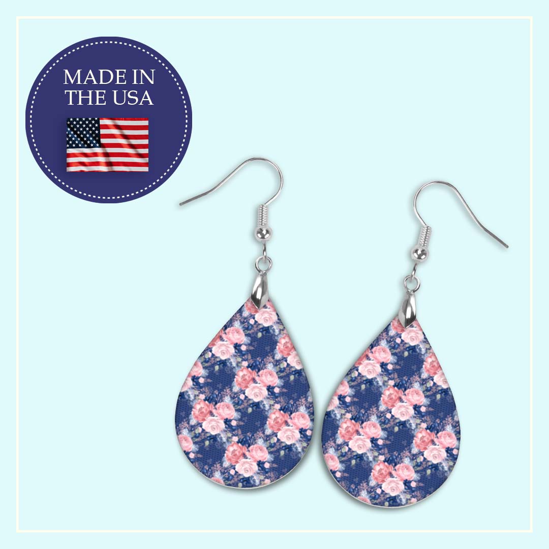 Navy and Blush Pink Floral Teardrop Earrings – Lightweight Statement Earrings