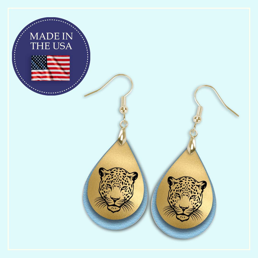 Handmade Light Blue and Gold Jaguar Earrings | School Spirit Sports Earrings | Game Day Fan Gift