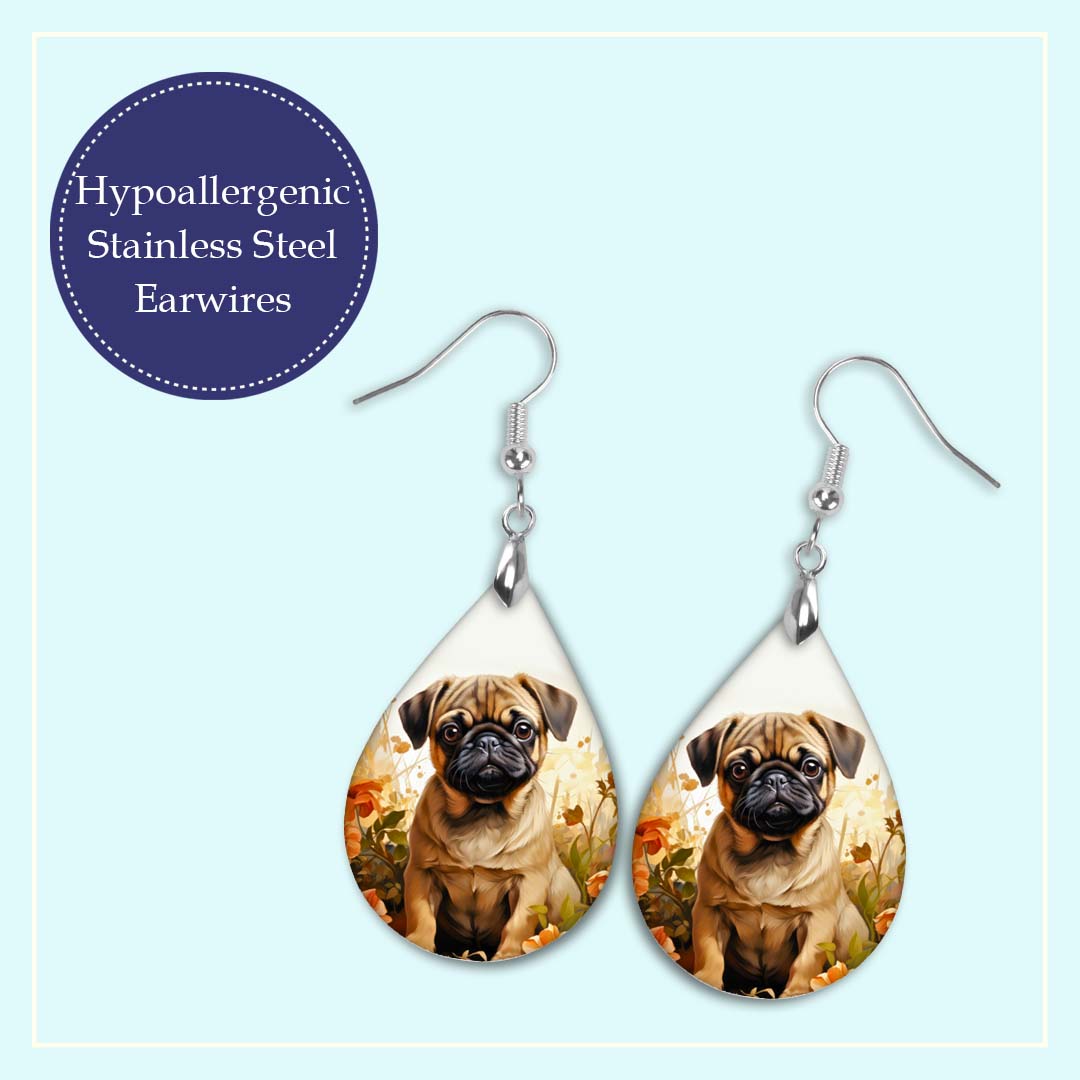 Pug Earrings – Fawn Pug Teardrop Dangle Earrings