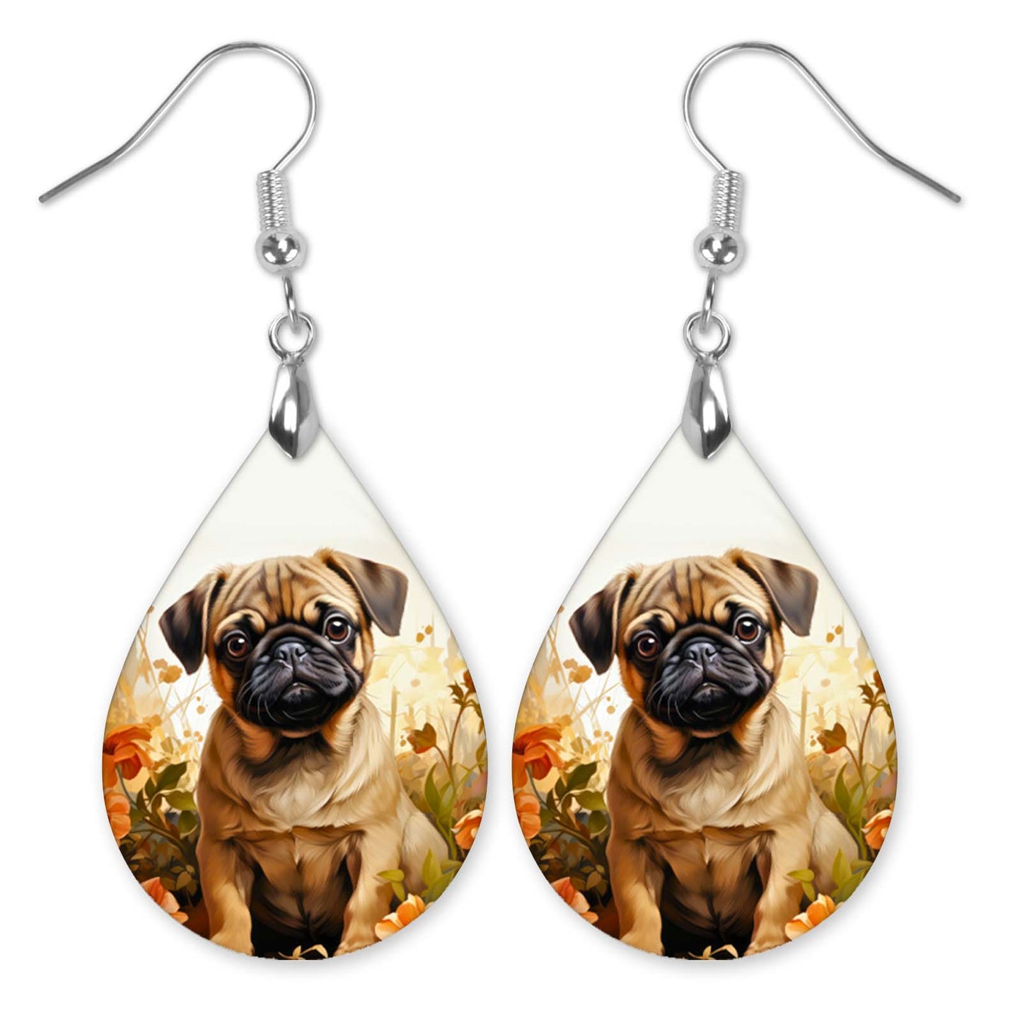Pug Earrings – Fawn Pug Teardrop Dangle Earrings