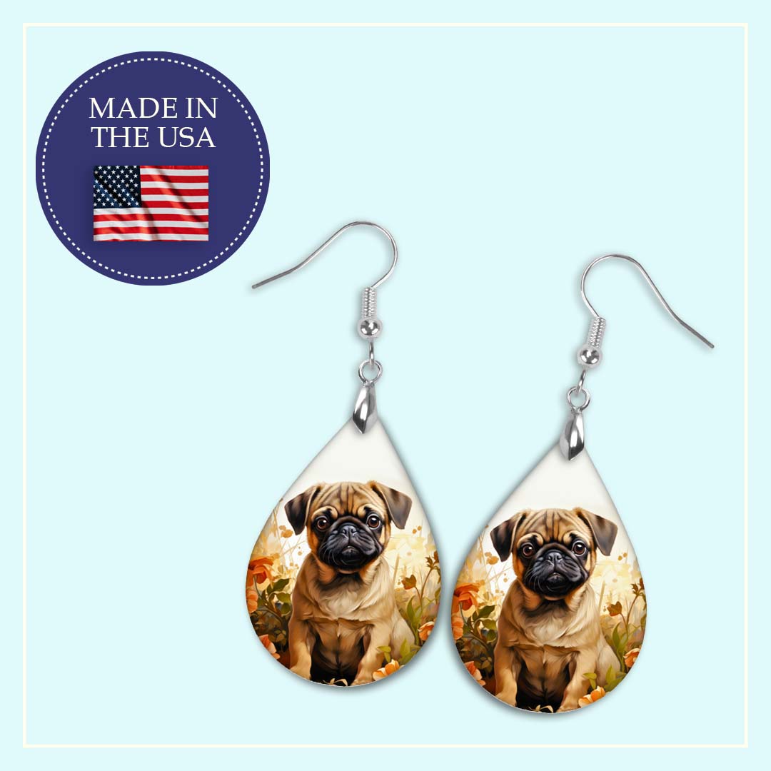 Pug Earrings – Fawn Pug Teardrop Dangle Earrings