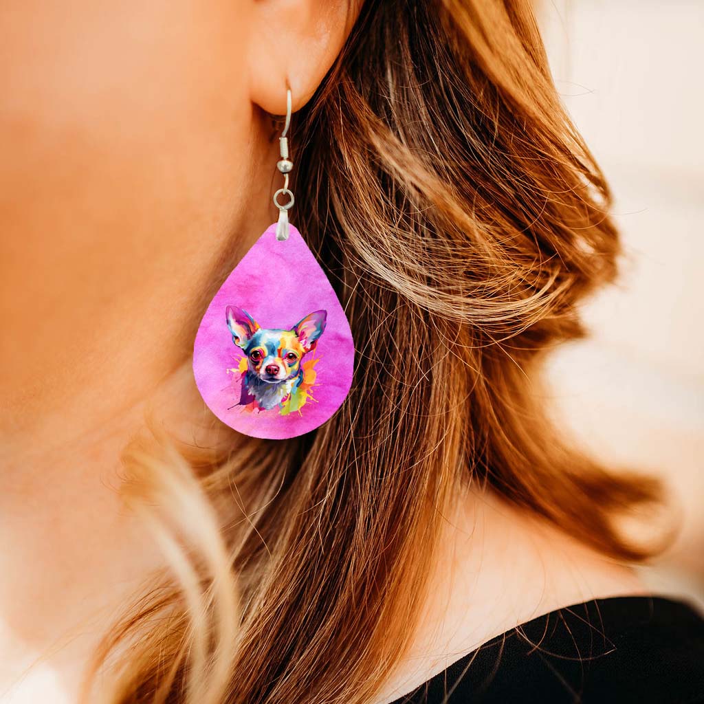 Chihuahua Earrings – Watercolor Dog Teardrop Dangles in Pink