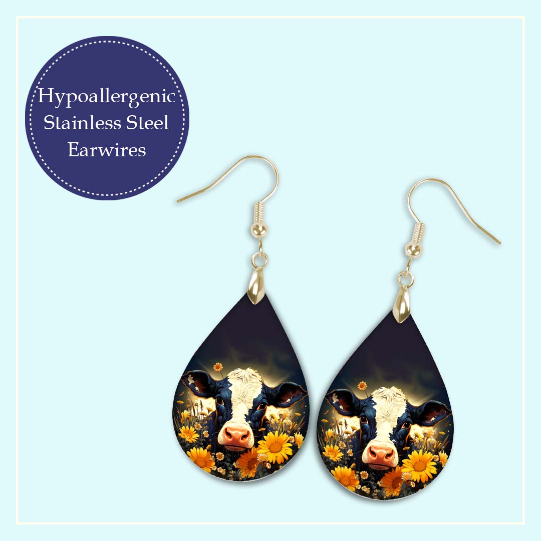 Cow Earrings – Handmade Lightweight Floral Teardrop Earrings in Two Sizes