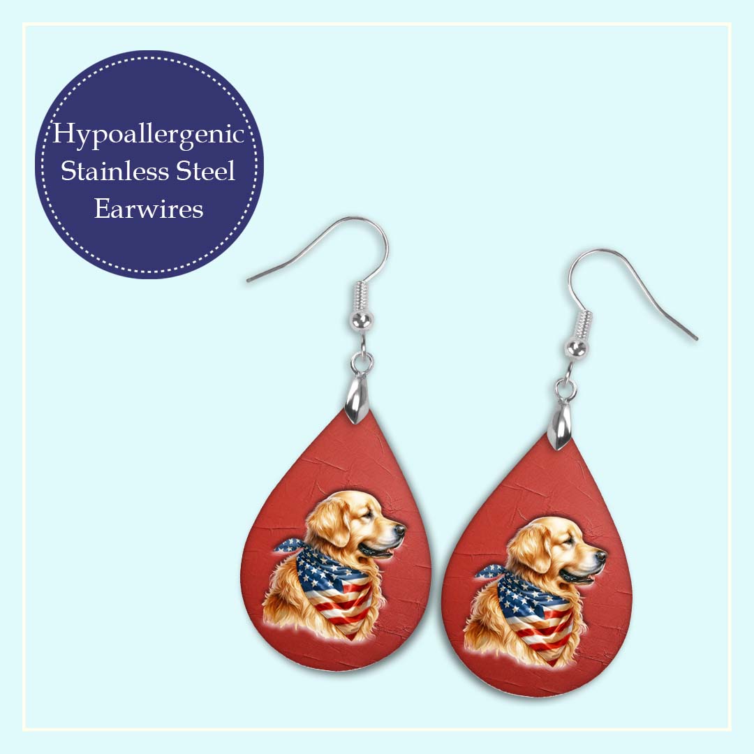 Patriotic Teardrop Earrings – Golden Retriever with USA Flag Bandana
