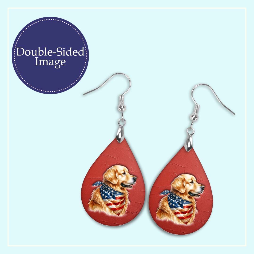 Patriotic Teardrop Earrings – Golden Retriever with USA Flag Bandana
