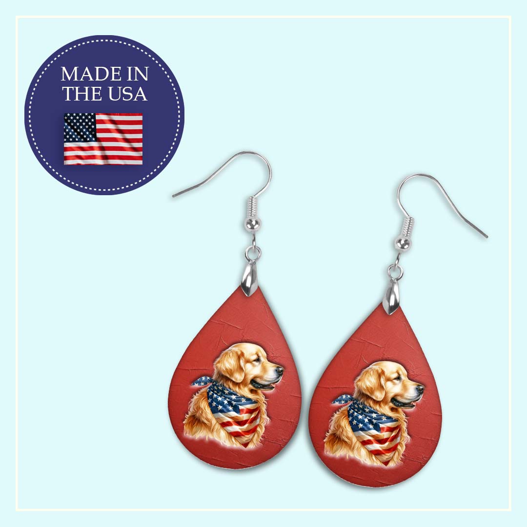 Patriotic Teardrop Earrings – Golden Retriever with USA Flag Bandana
