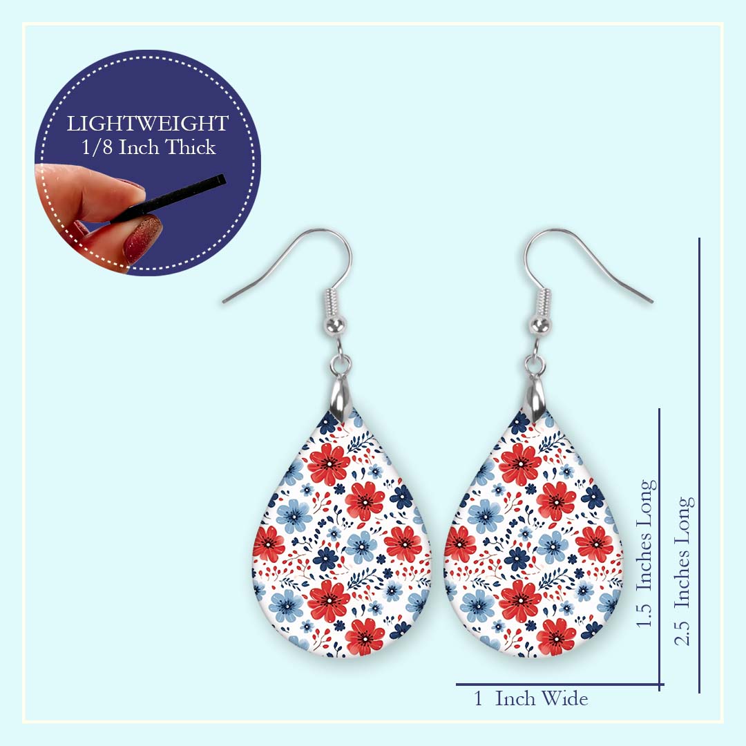Patriotic Earrings – Red White Blue Floral Teardrop Wood Earrings