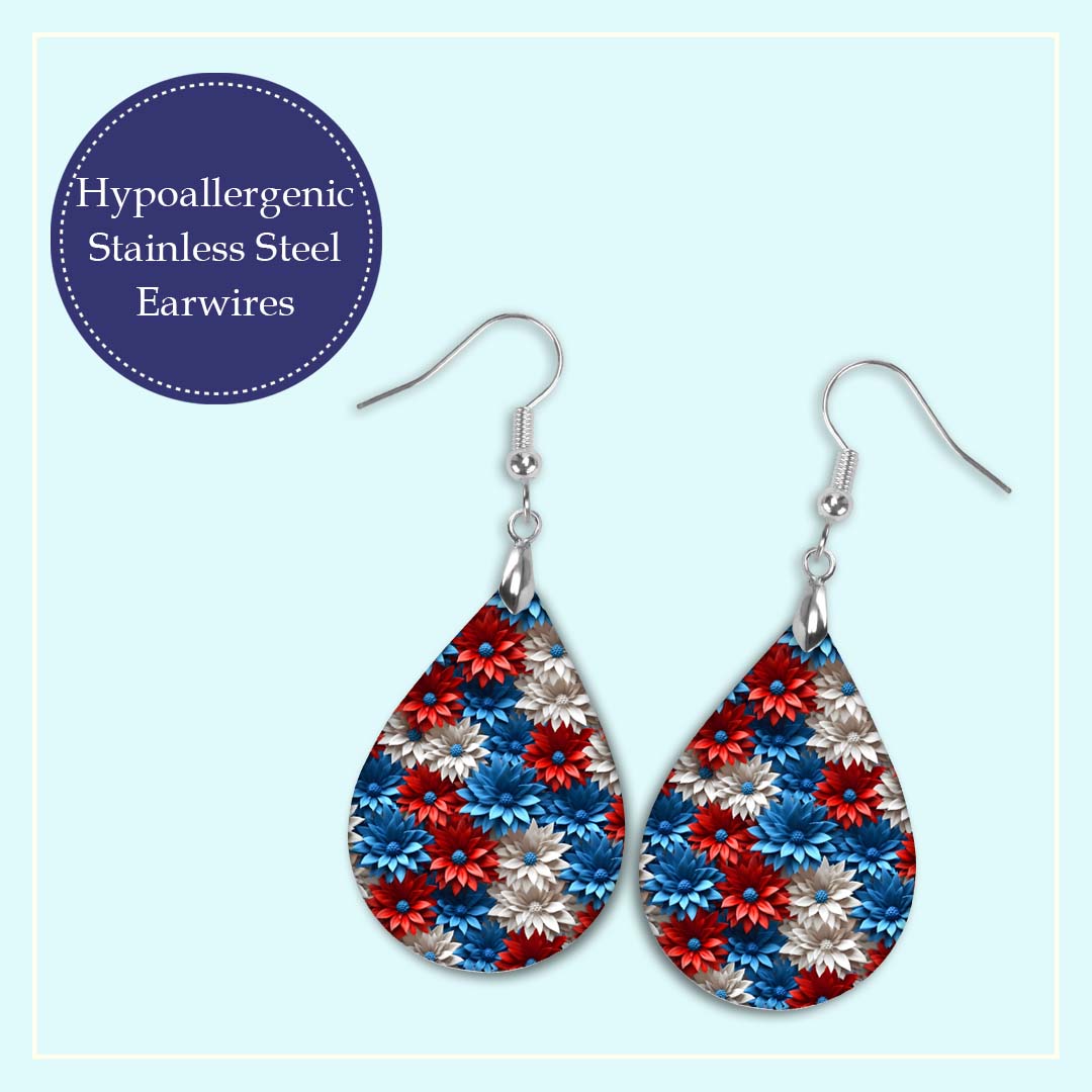 Patriotic Earrings – Red White Blue Floral Teardrop Dangles