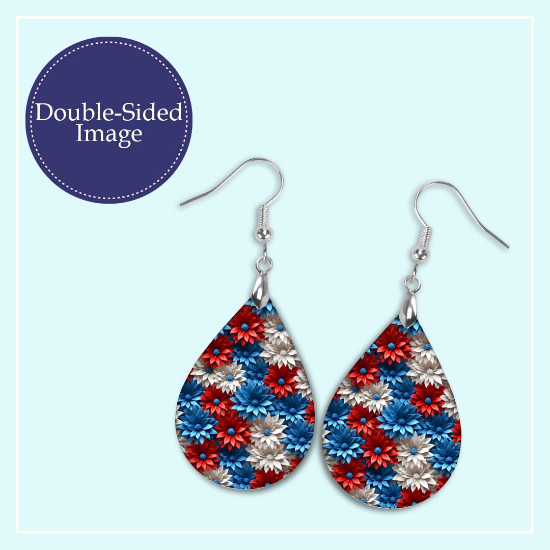 Patriotic Earrings – Red White Blue Floral Teardrop Dangles