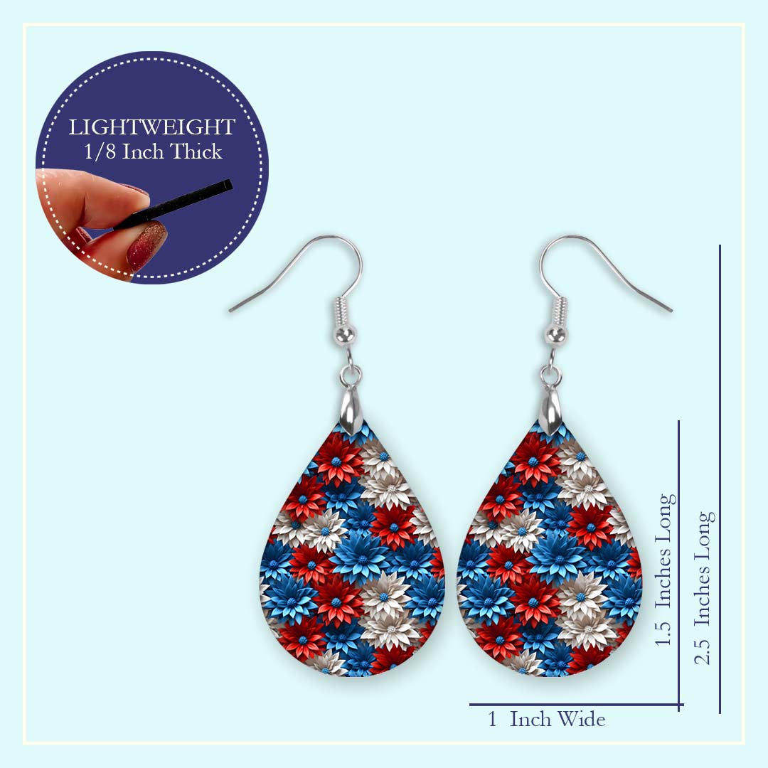 Patriotic Earrings – Red White Blue Floral Teardrop Dangles