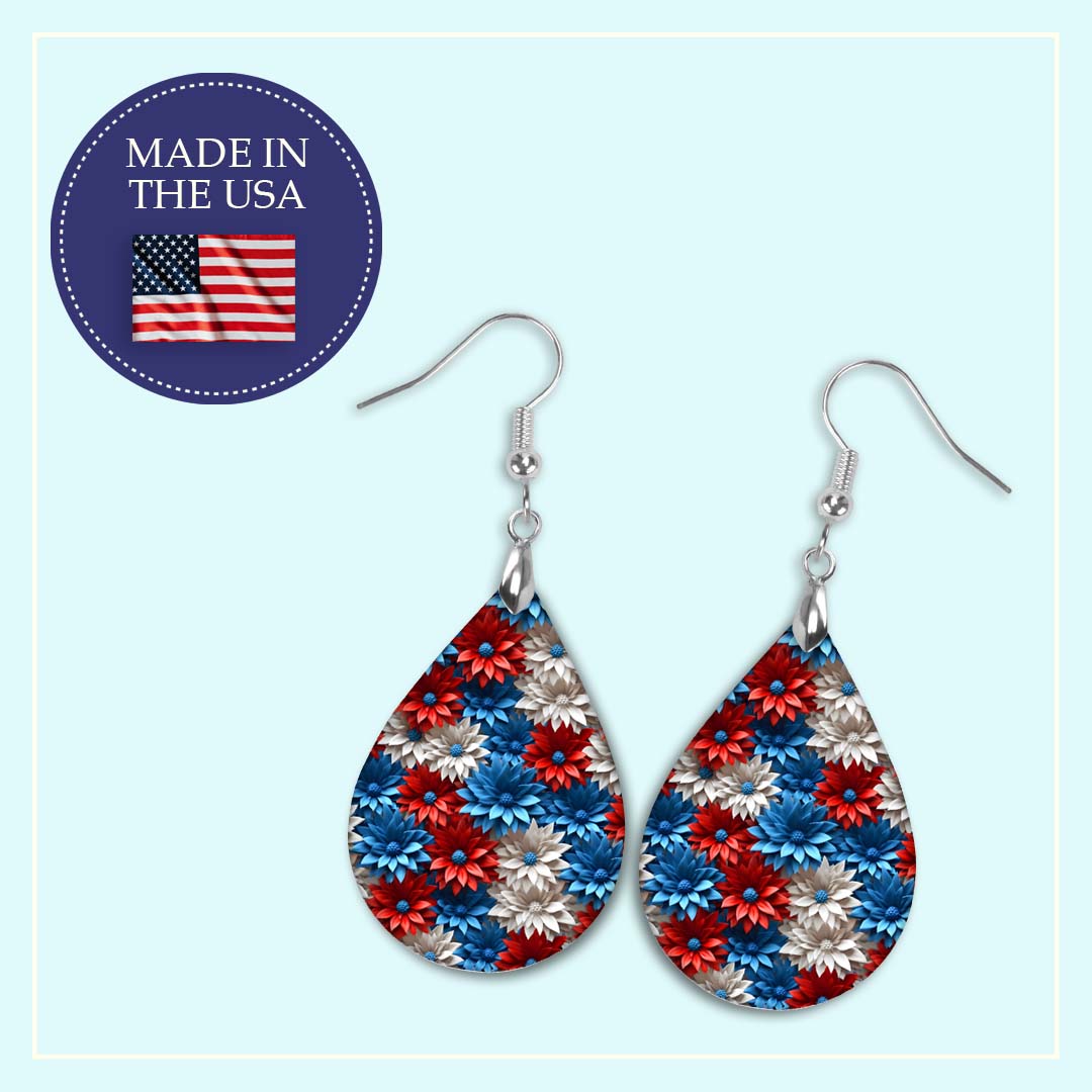 Patriotic Earrings – Red White Blue Floral Teardrop Dangles
