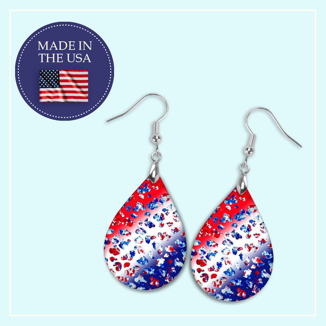 Patriotic Earrings – Red White Blue Leopard Print Teardrop Dangles