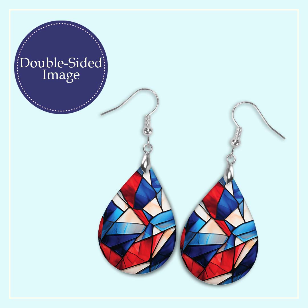Patriotic Teardrop Earrings – Red White Blue Stained Glass Design