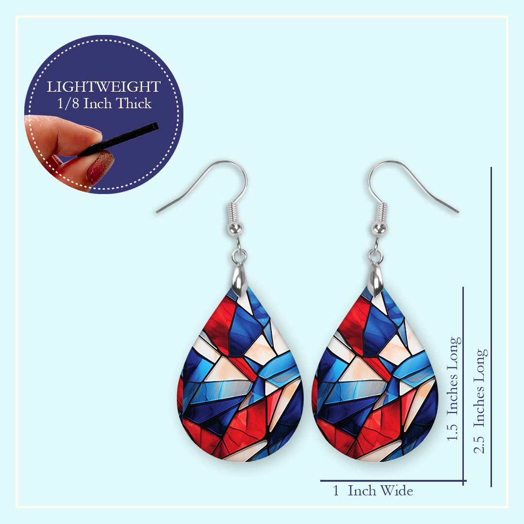 Patriotic Teardrop Earrings – Red White Blue Stained Glass Design