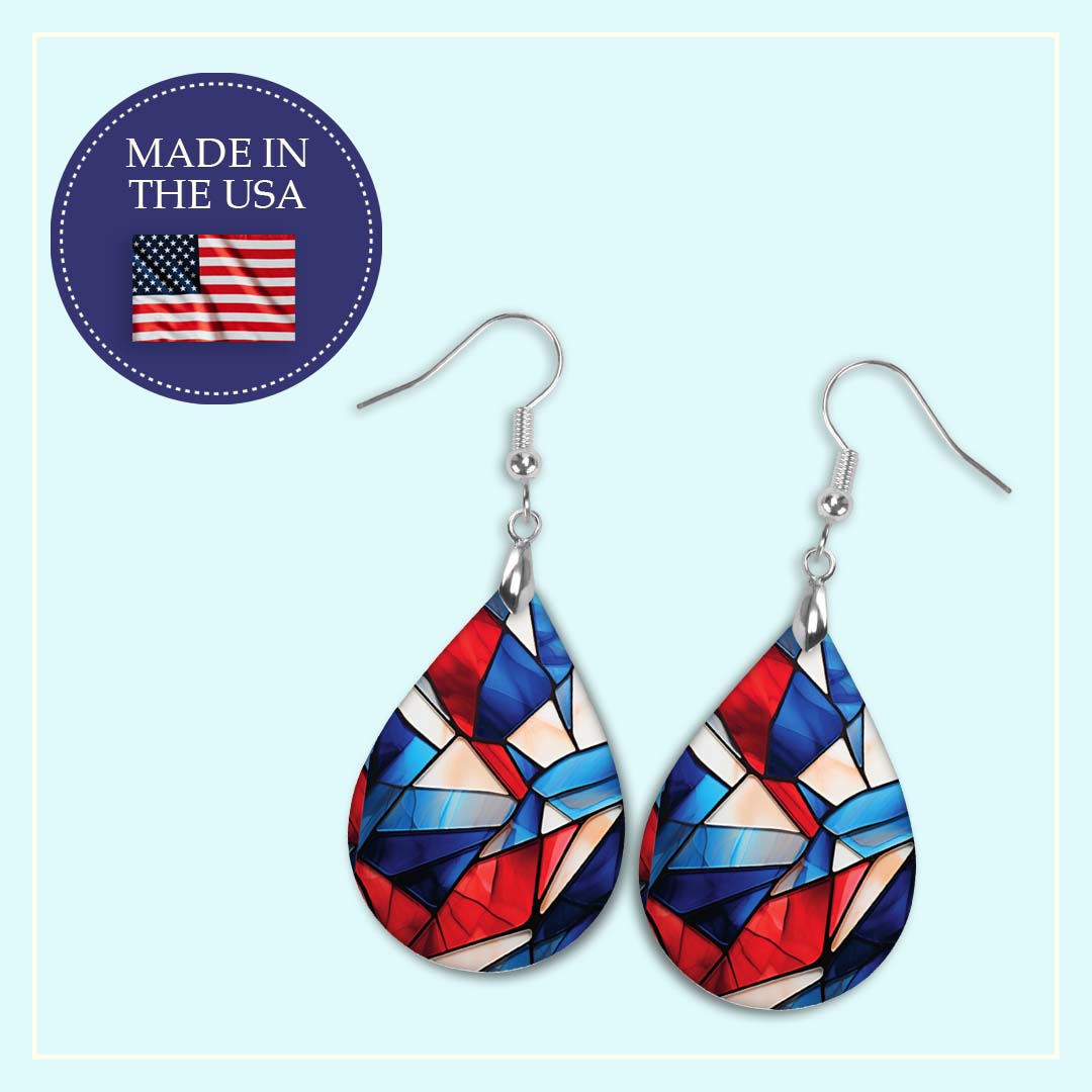 Patriotic Teardrop Earrings – Red White Blue Stained Glass Design
