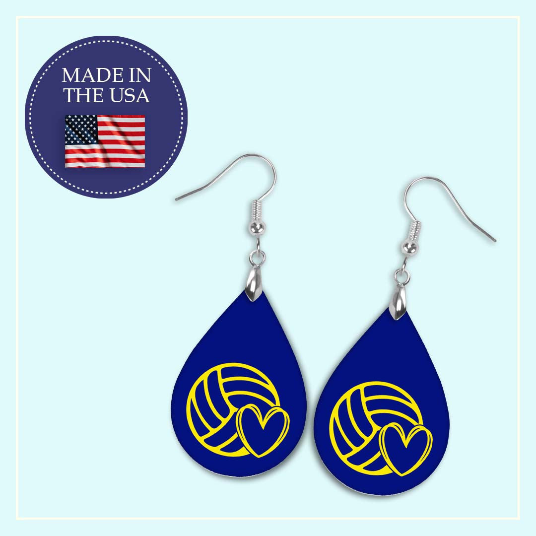 Volleyball Mom Blue and Yellow Varsity Volleyball Teardrop Earrings