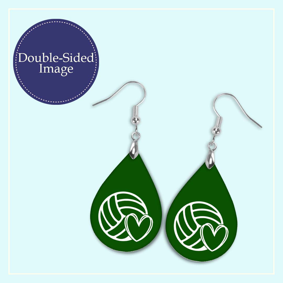 Volleyball Mom Green and White Varsity Volleyball Teardrop Earrings