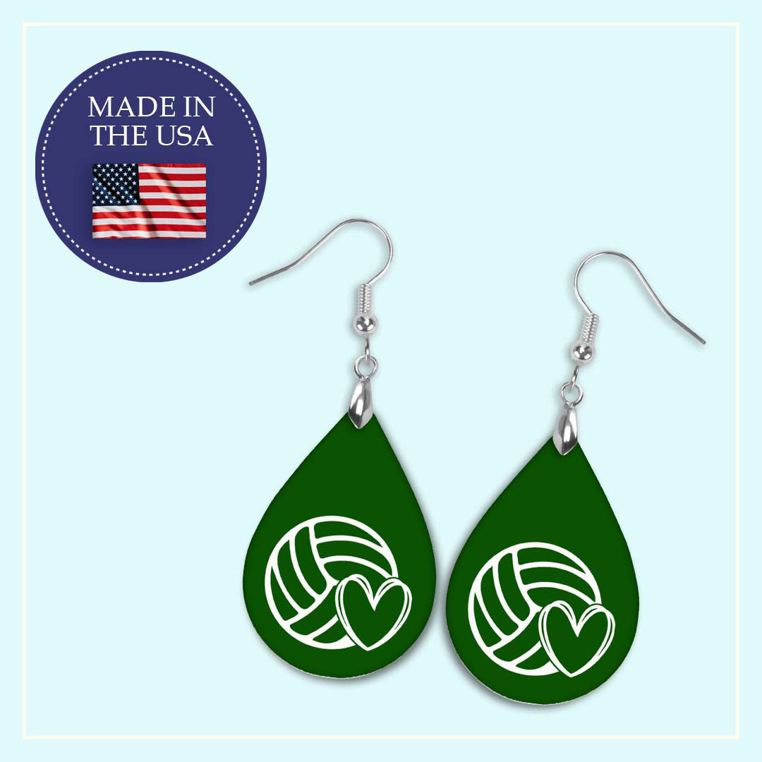 Volleyball Mom Green and White Varsity Volleyball Teardrop Earrings