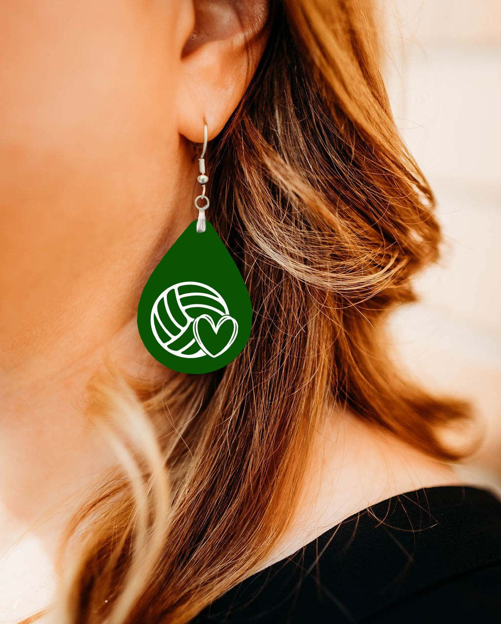 Volleyball Mom Green and White Varsity Volleyball Teardrop Earrings