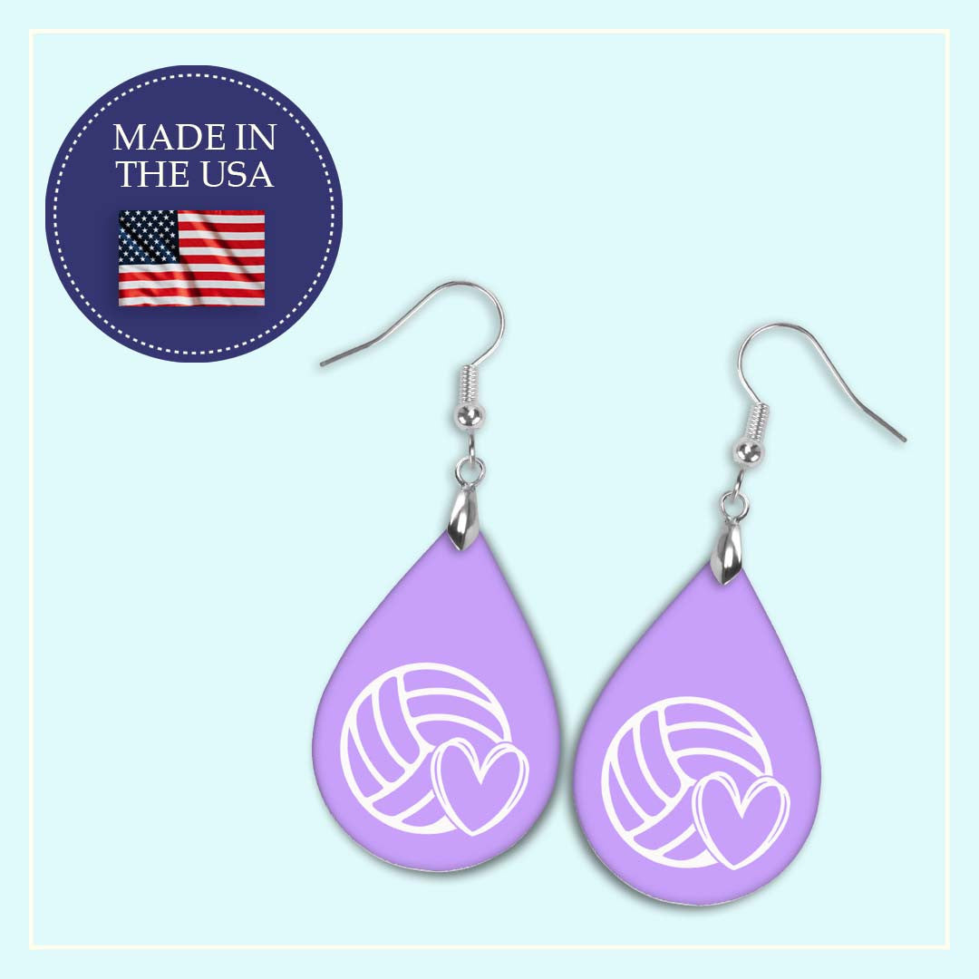 Volleyball Mom Lilac and White Varsity Volleyball Teardrop Earrings