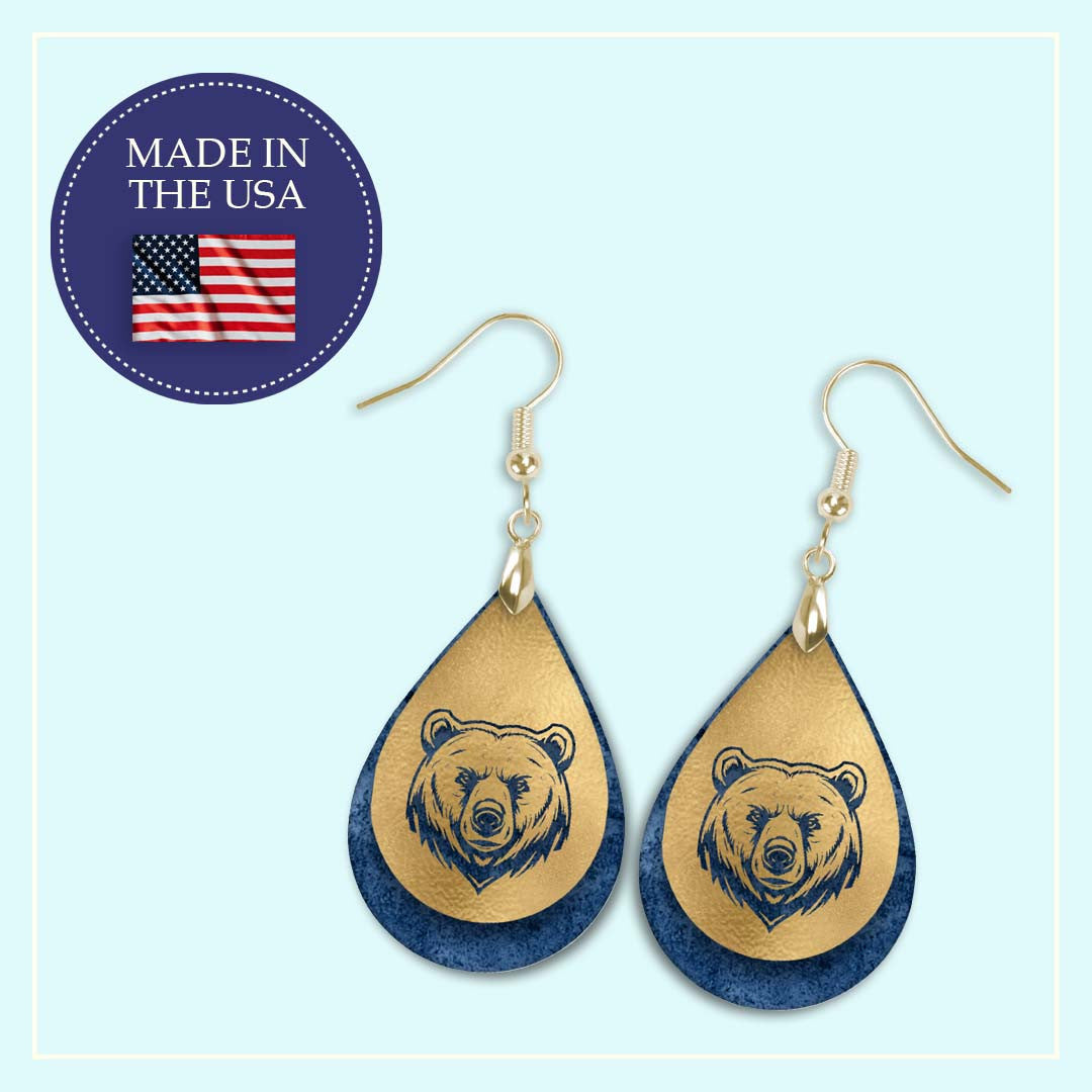 Handmade Navy Blue and Gold Football Bears Mascot Earrings - Perfect for School Spirit, Game day, Teachers, and Sports Fans