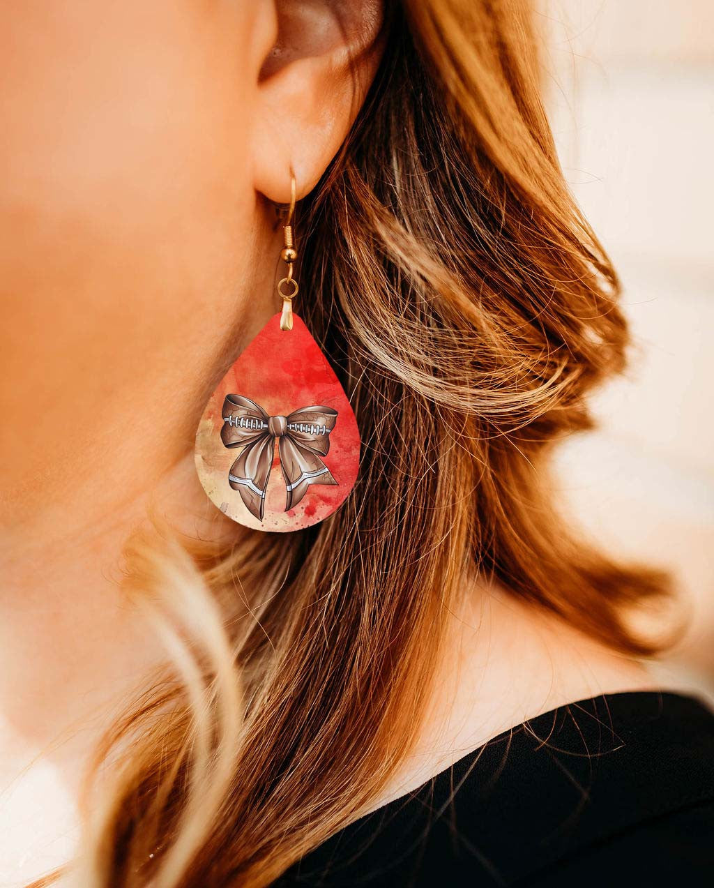 Football Earrings Coquette Bow Red Gold Dangle MDF Wood Gameday Jewelry