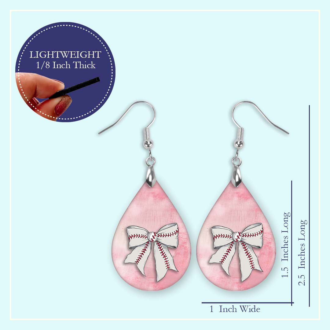 Baseball Earrings Pink Dangle Boho Coquette Bow Printed Wood