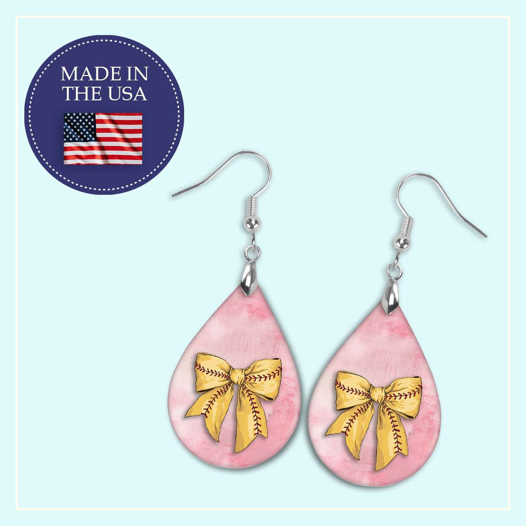 Softball Earrings Pink Dangle Boho - Printed Wood Coquette