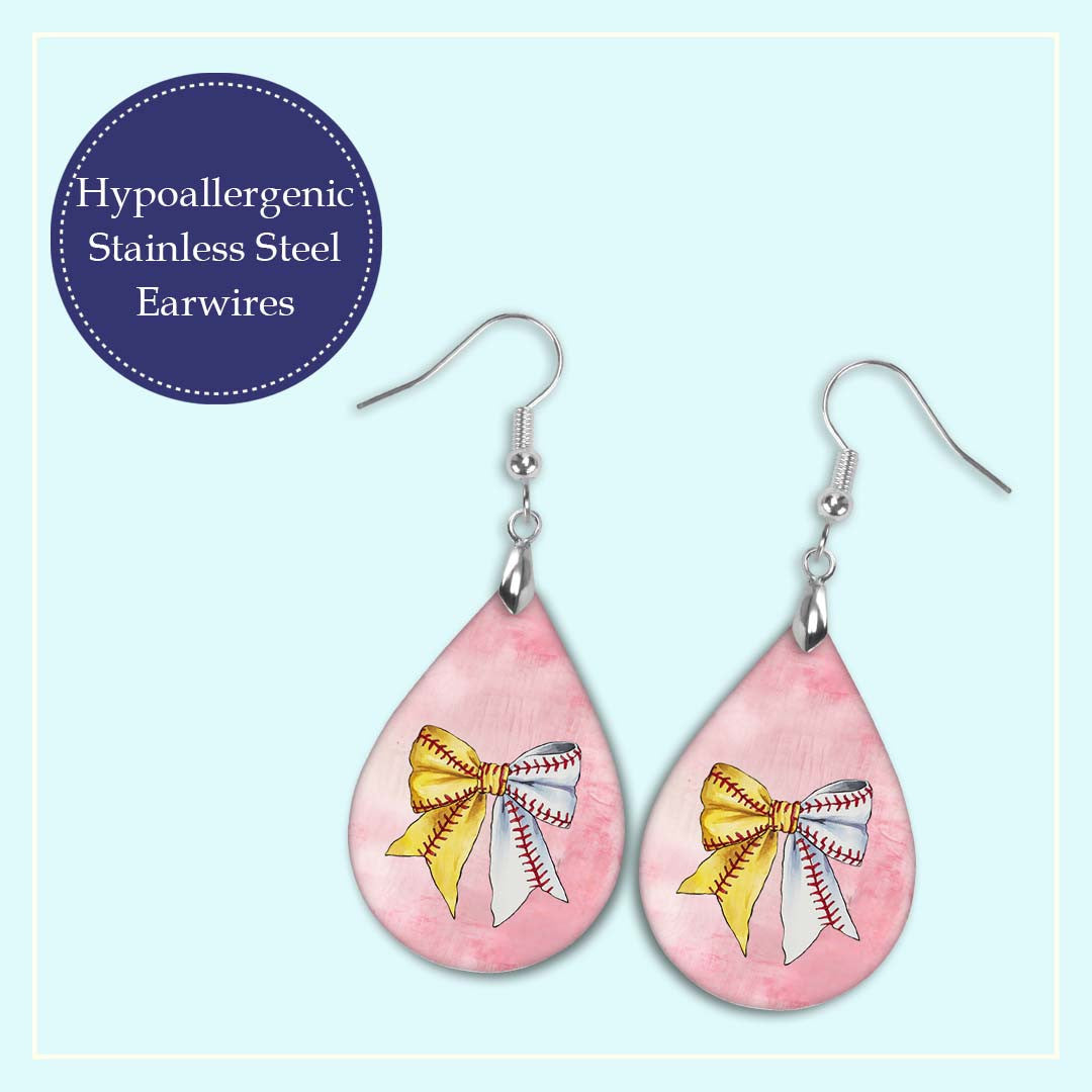 Softball Baseball Pink Dangle Earrings Boho Coquette Bow