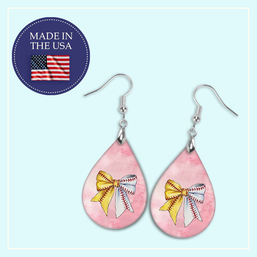 Softball Baseball Pink Dangle Earrings Boho Coquette Bow