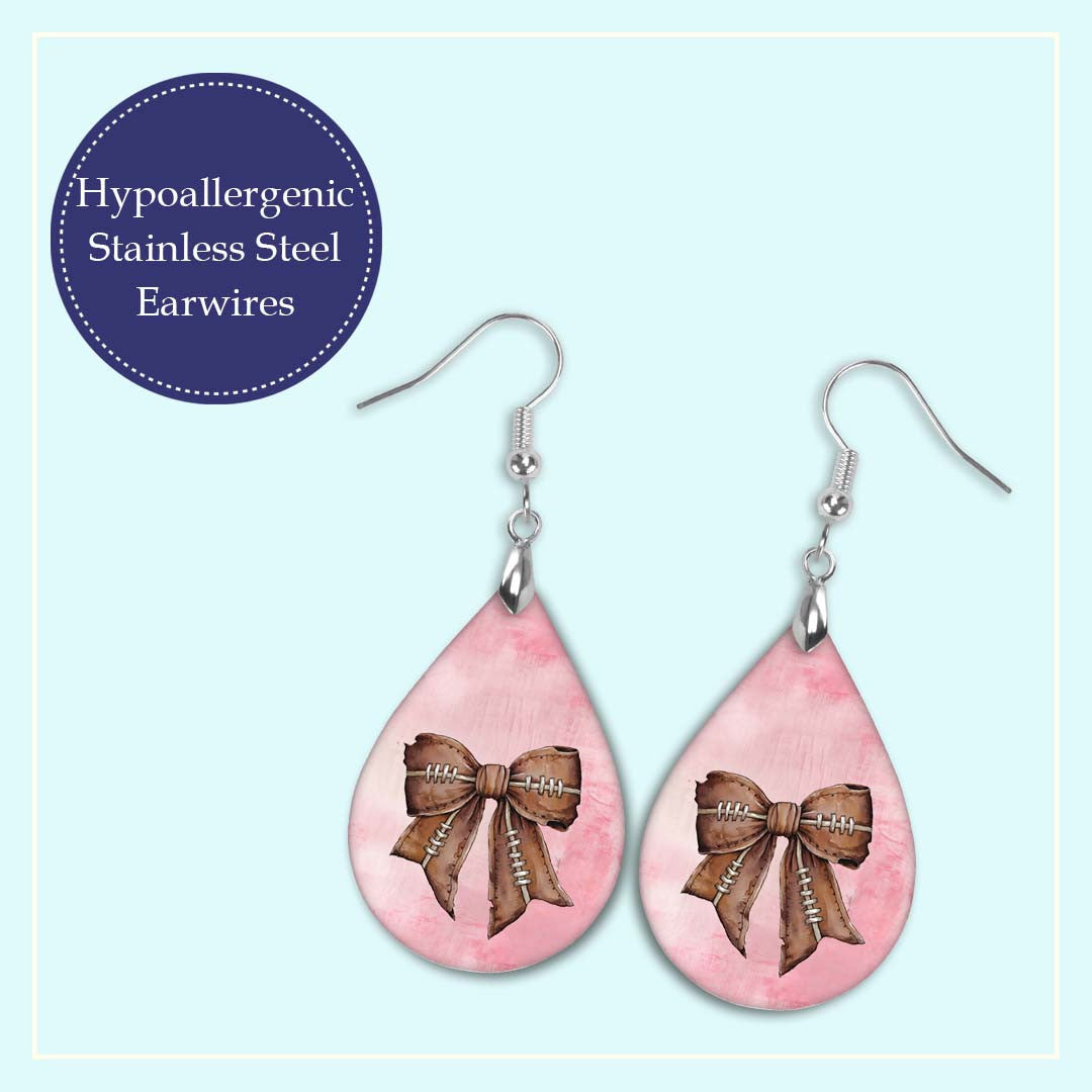 Football Earrings Pink Dangle Boho Printed Wood Coquette Bow