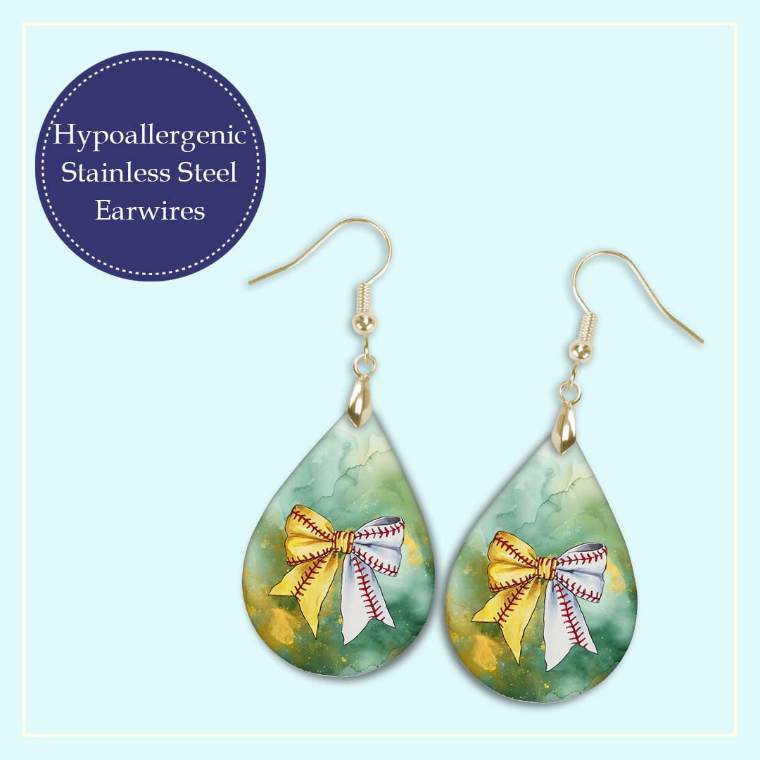 Softball Baseball Dangle Earrings Green Gold Boho Style