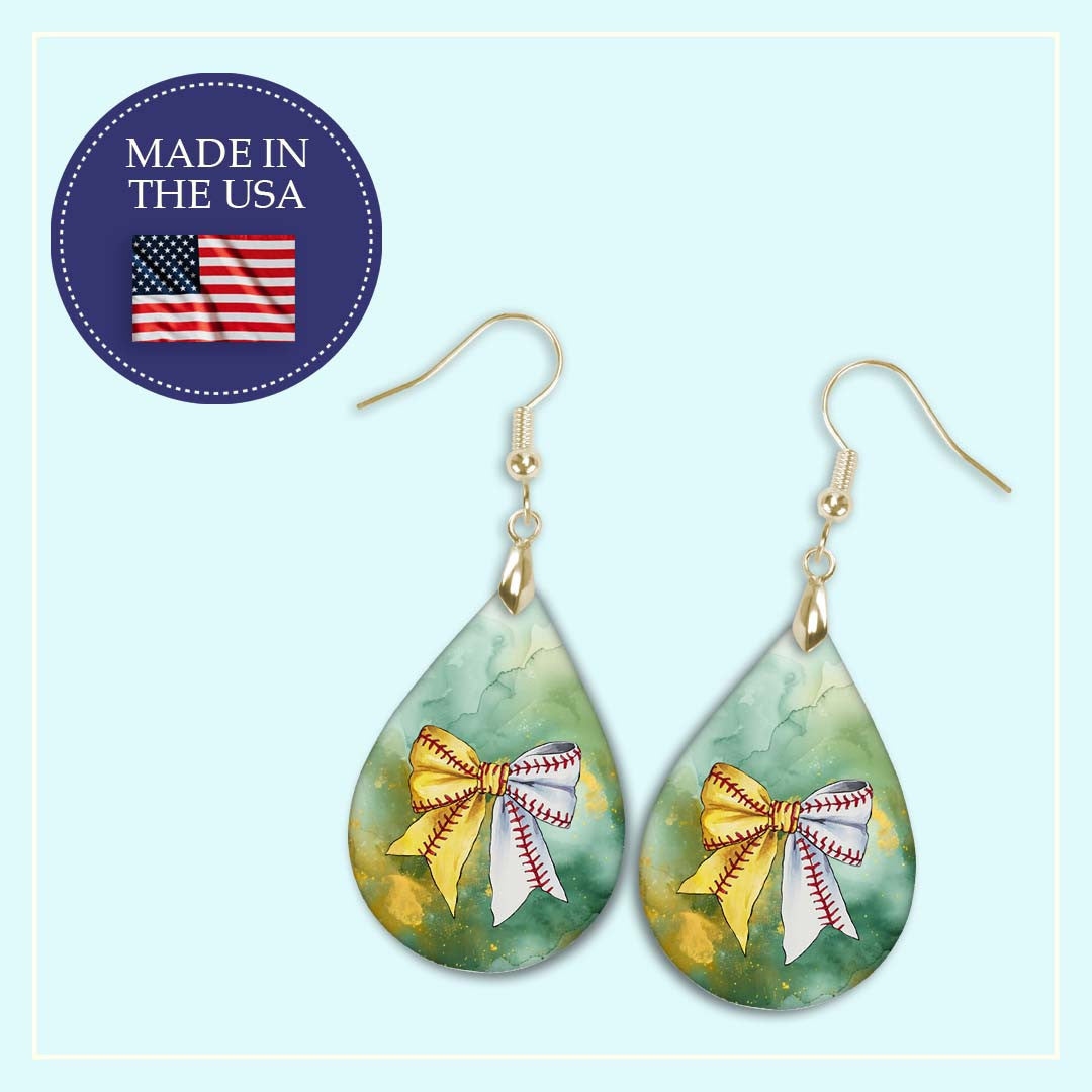 Softball Baseball Dangle Earrings Green Gold Boho Style