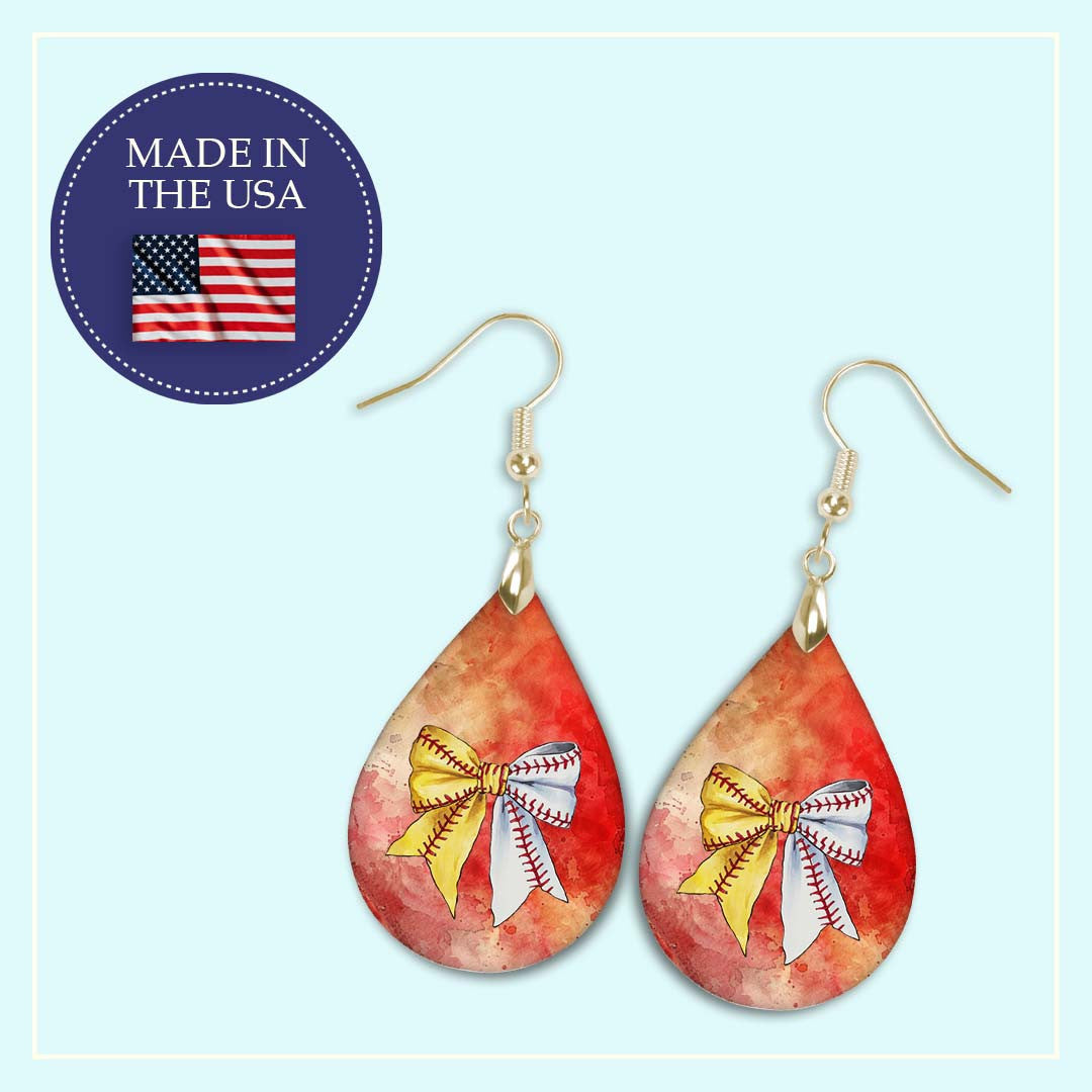 Softball Baseball Earrings Dangle Boho Red Orange Wood
