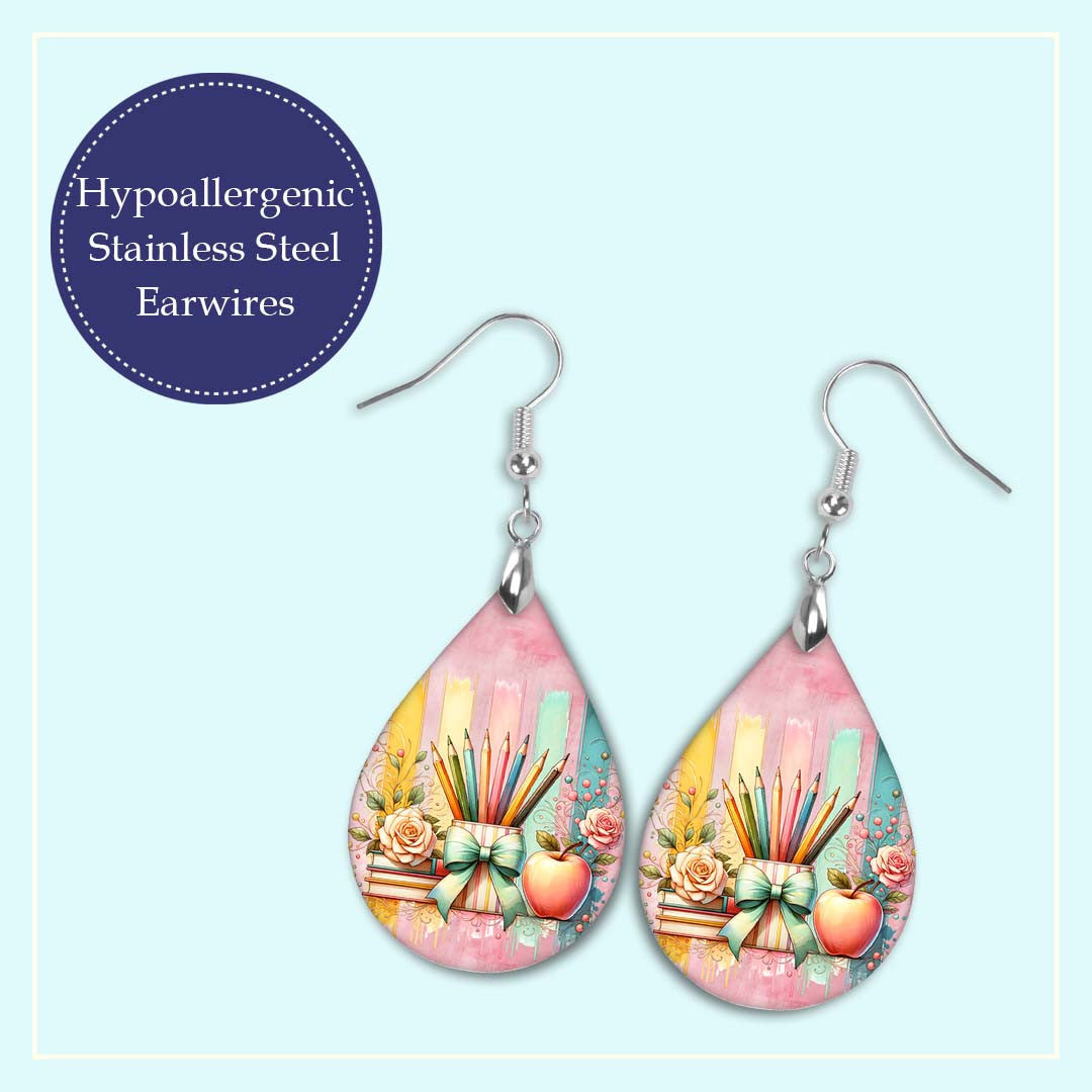 Teacher Brushstroke Earrings – Colorful Pencil And Apple Teardrop Dangle Earrings