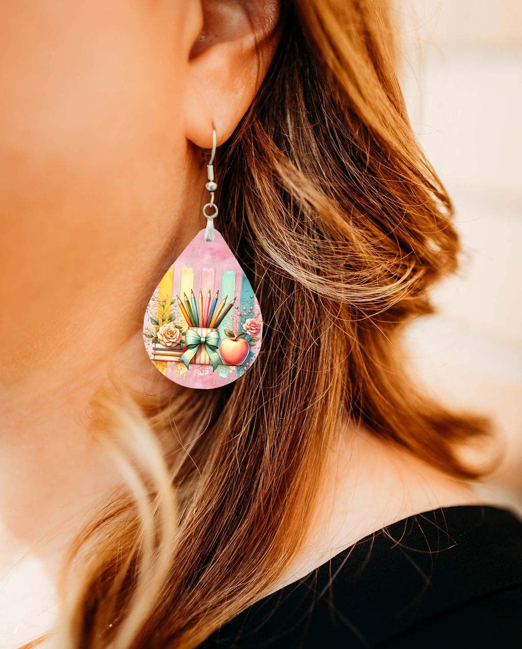 Teacher Brushstroke Earrings – Colorful Pencil And Apple Teardrop Dangle Earrings