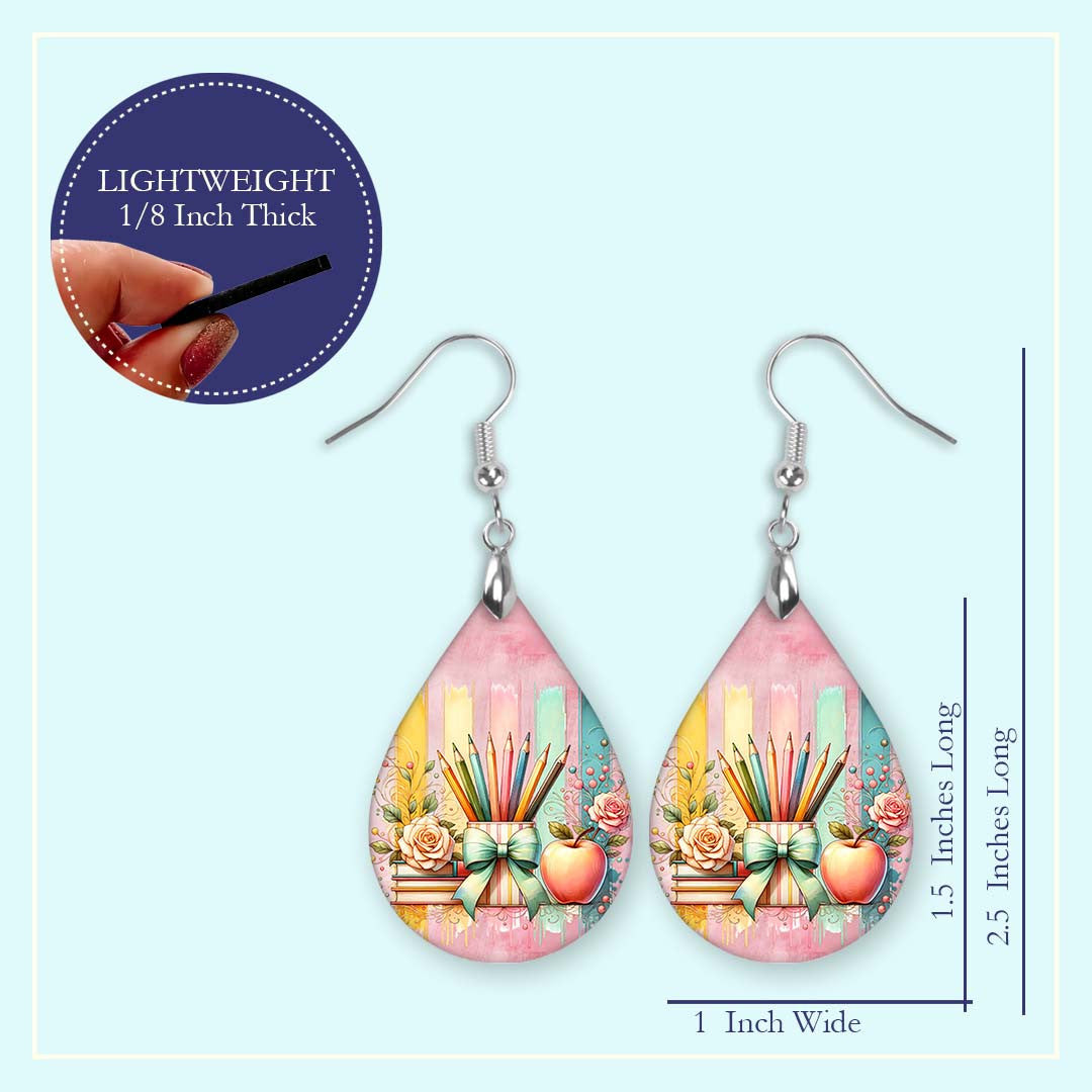 Teacher Brushstroke Earrings – Colorful Pencil And Apple Teardrop Dangle Earrings