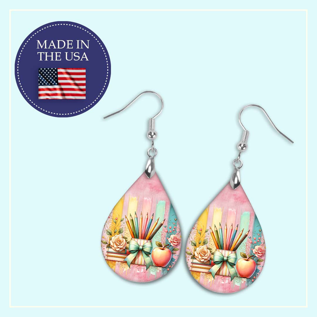 Teacher Brushstroke Earrings – Colorful Pencil And Apple Teardrop Dangle Earrings