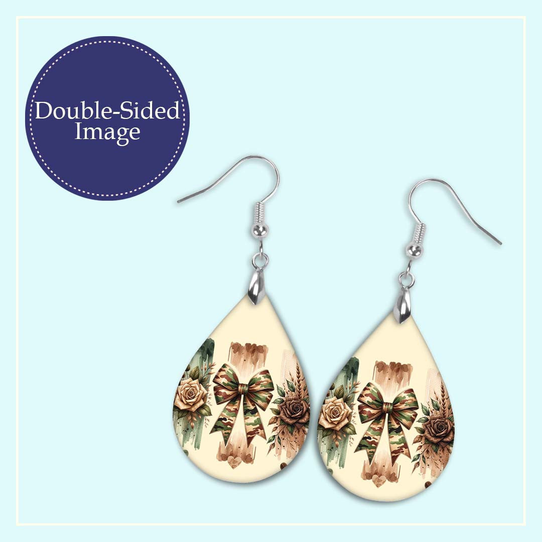 Camo Bow Teardrop Earrings – Lightweight MDF Wood Rustic Camouflage Design